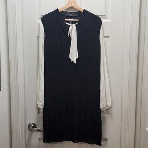 DKNY Neck Tie Pleated Chiffon Black & White Sheath Dress Size 14